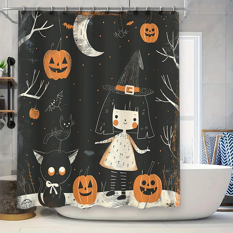 Halloween-themed shower curtain featuring a witch girl with cats and pumpkins for bathroom decor accessories Free shipping worl