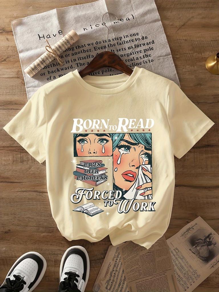 Reading Book Graphic Print T-shirt, Short Sleeve Round Neck Casual Top, Suitable for Summer and Spring, Women's Clothing