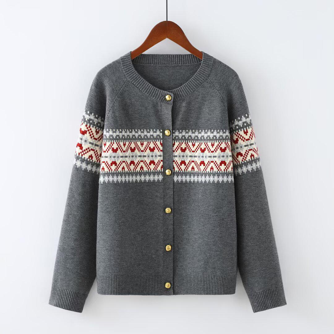 2025 Autumn Plus Size Women s Jacquard Knit Cardigan - Long Sleeve Elastic Sweater Top 4XL серый