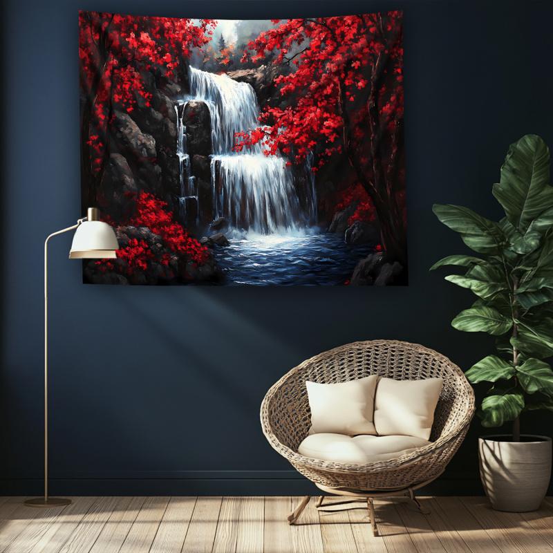 VIKAMA Red Maple Waterfall Tapestry Autumn Forest Stream Landscape Wall Art Natural Healing Wind Decor for Living Room