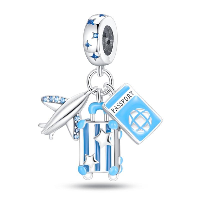 S925 Silver Travel Theme Airplane Luggage Camera Charm Beads DIY Bracelet Jewelry Accessories Set
