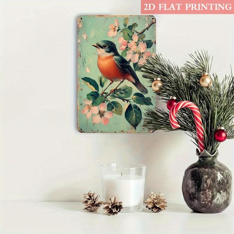 1pc Vintage Bird & Blossom Metal Wall Art - 8x12 Inch Iron Sign with Pastel Spring Colors, Distressed Mint-Green Background