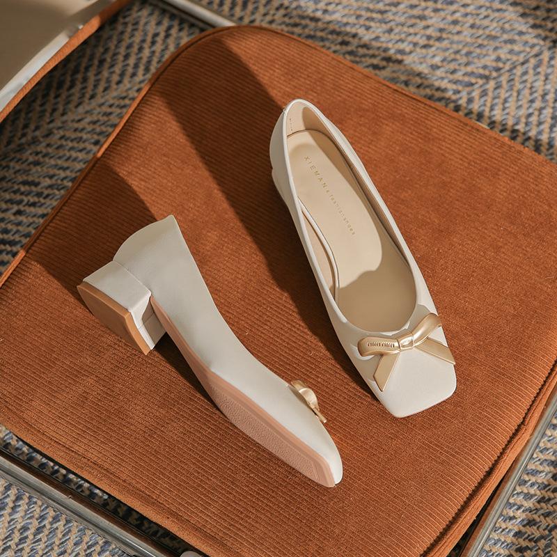 Square head thick heel temperament bow high heel versatile women's casual shoes middle heel comfortable women's shoes
