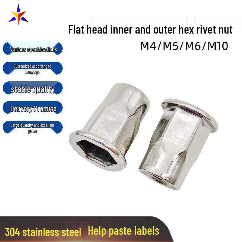 

304 Stainless Steel Flat Head Countersunk Hex Rivet Nut in M4, M5, M6, M8, M10 Sizes M4 x 11