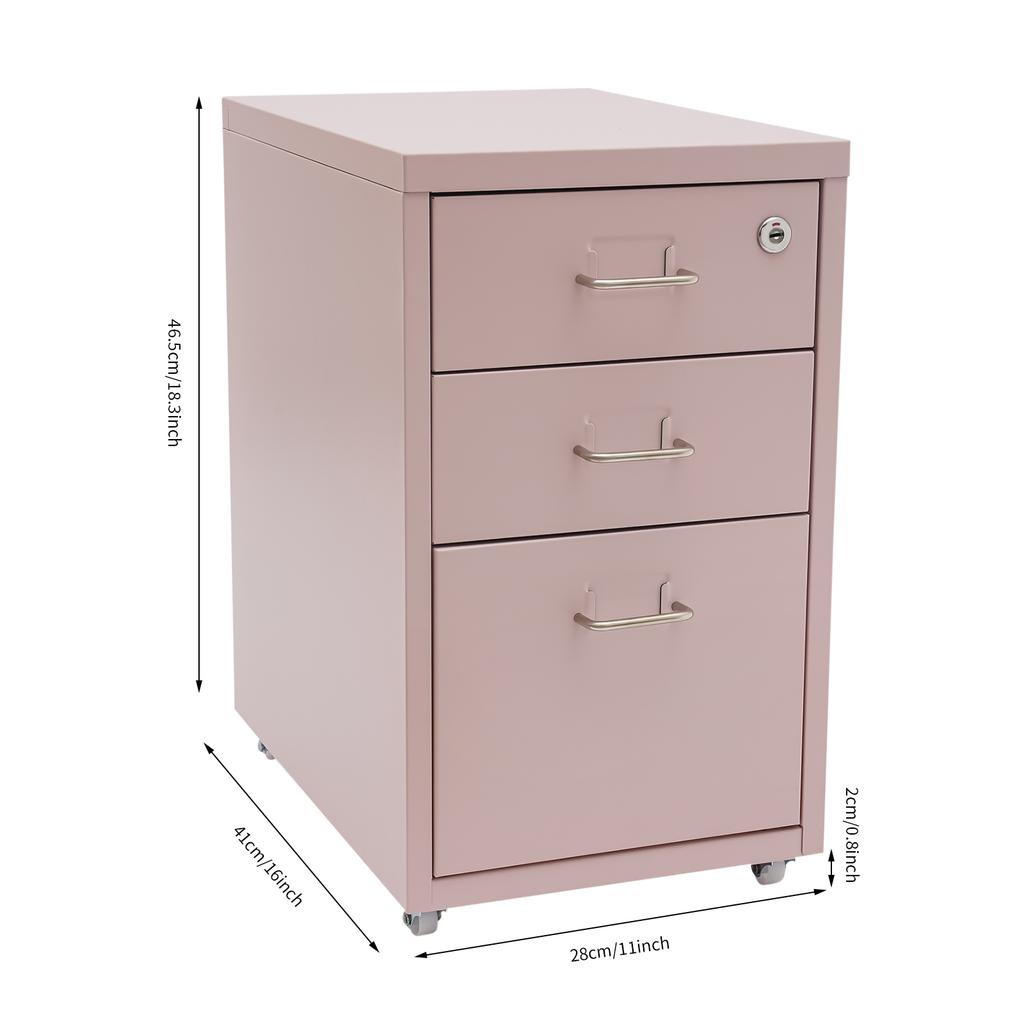 3 Drawer Removable Vertical File Cabinet Pink Metal Mobile File Cabinet,Office Storage Cabinet with Lock and Silent Slides