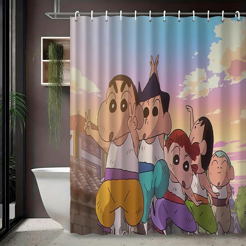 Crayon Shin-Chan & Friends Adventure On Rocks 2D Print Waterproof Shower Curtain, Blue Night Anime Bathroom Decor With Hooks