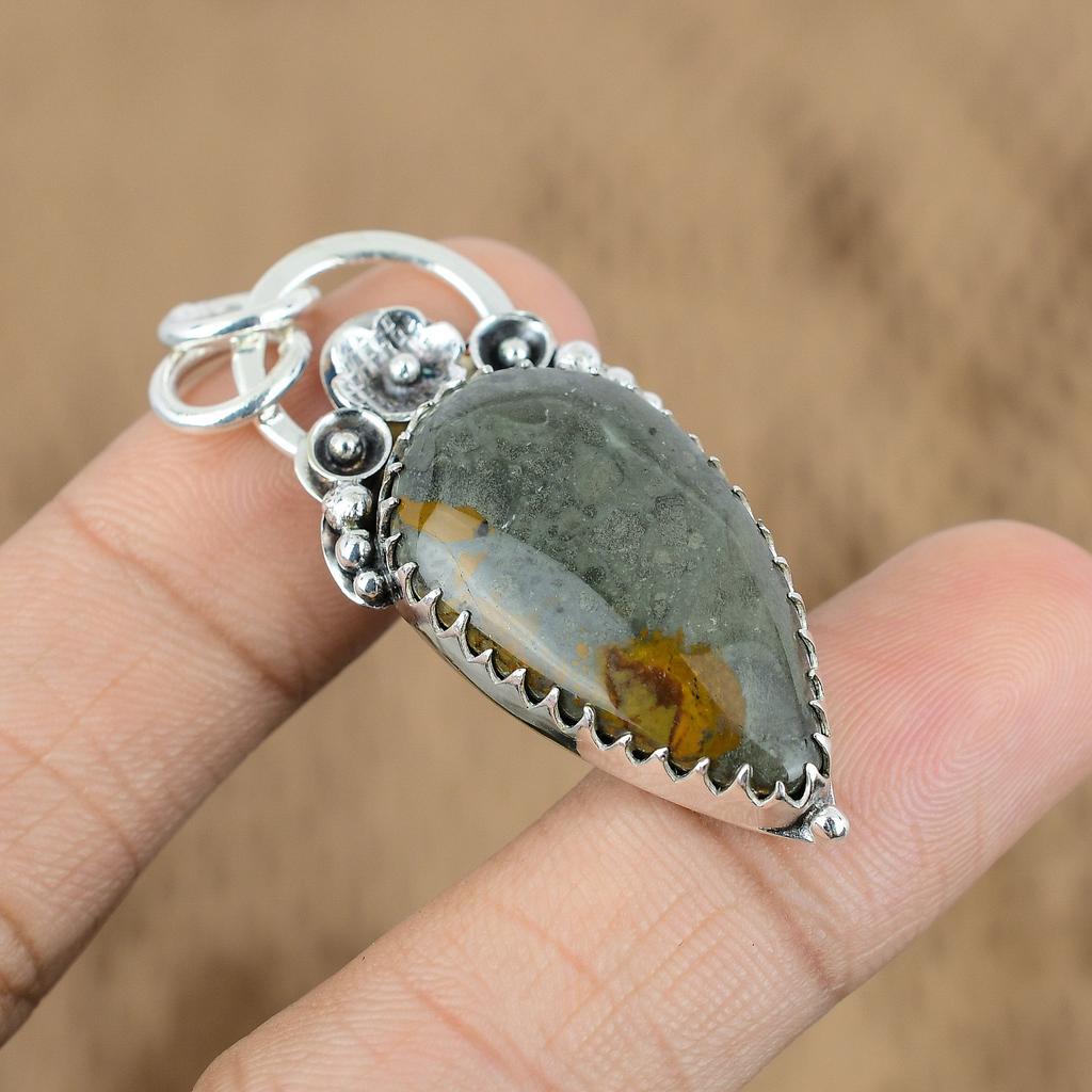 Birthday Gift For Her Natural Polychrome Jasper Pendant Flower 925 Silver