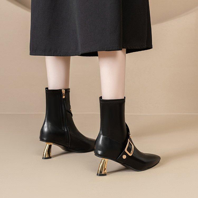 Pointed Martin boots thin heel high heel leather boots women's autumn and winter new belt buckle elastic short boots