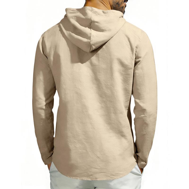Men’s Casual Linen Hooded Top, Long-sleeved Half-Button-Up Henley Shirt, Spring/Autumn Breathable Beach Top