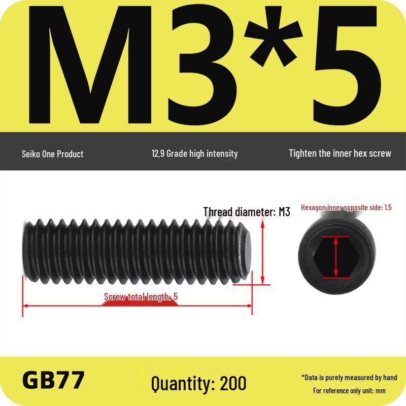 Class 12.9 Inner Hex Flat Head Headless Grub Screw M3-M12