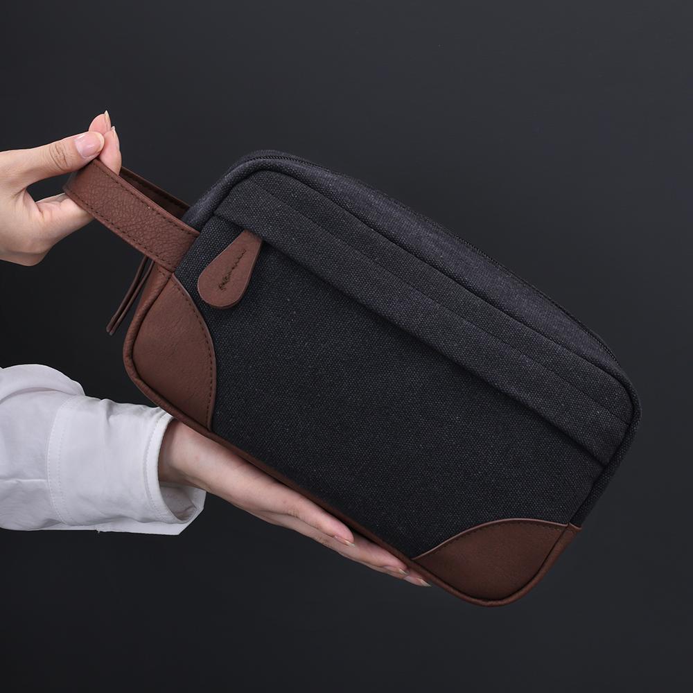 Handing Toiletry PU Leather Canvas Men Wash Shaving Women Toiletry Storage Waterproof Makeup Travel Organizer Retro Cosmetic Bag
