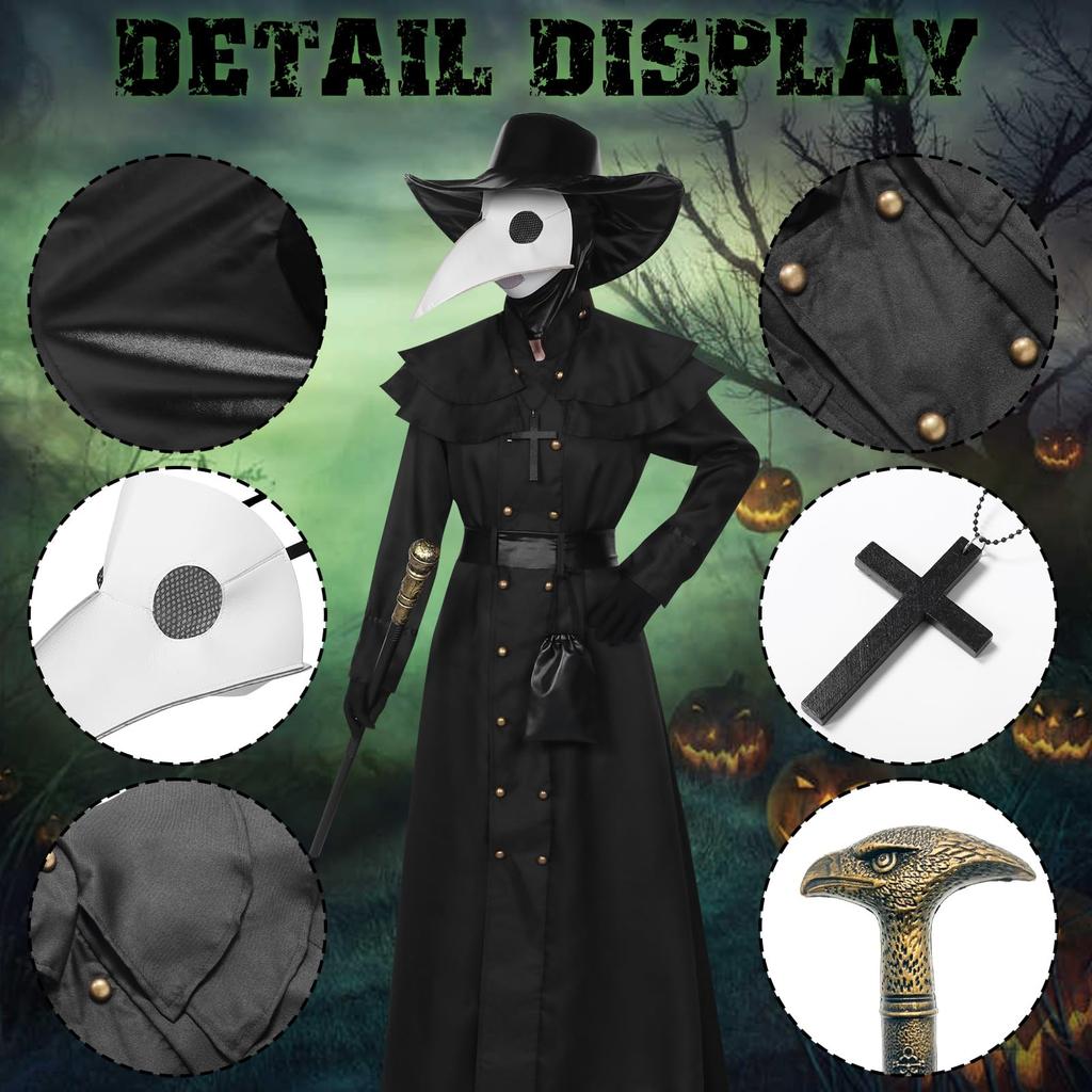 Joyasslly Halloween Cosplay Cape with Plague Crow Medieval Doctor Robe and Hat for School Cultural and Events Mask, Men's Costume, Set, Parties,
