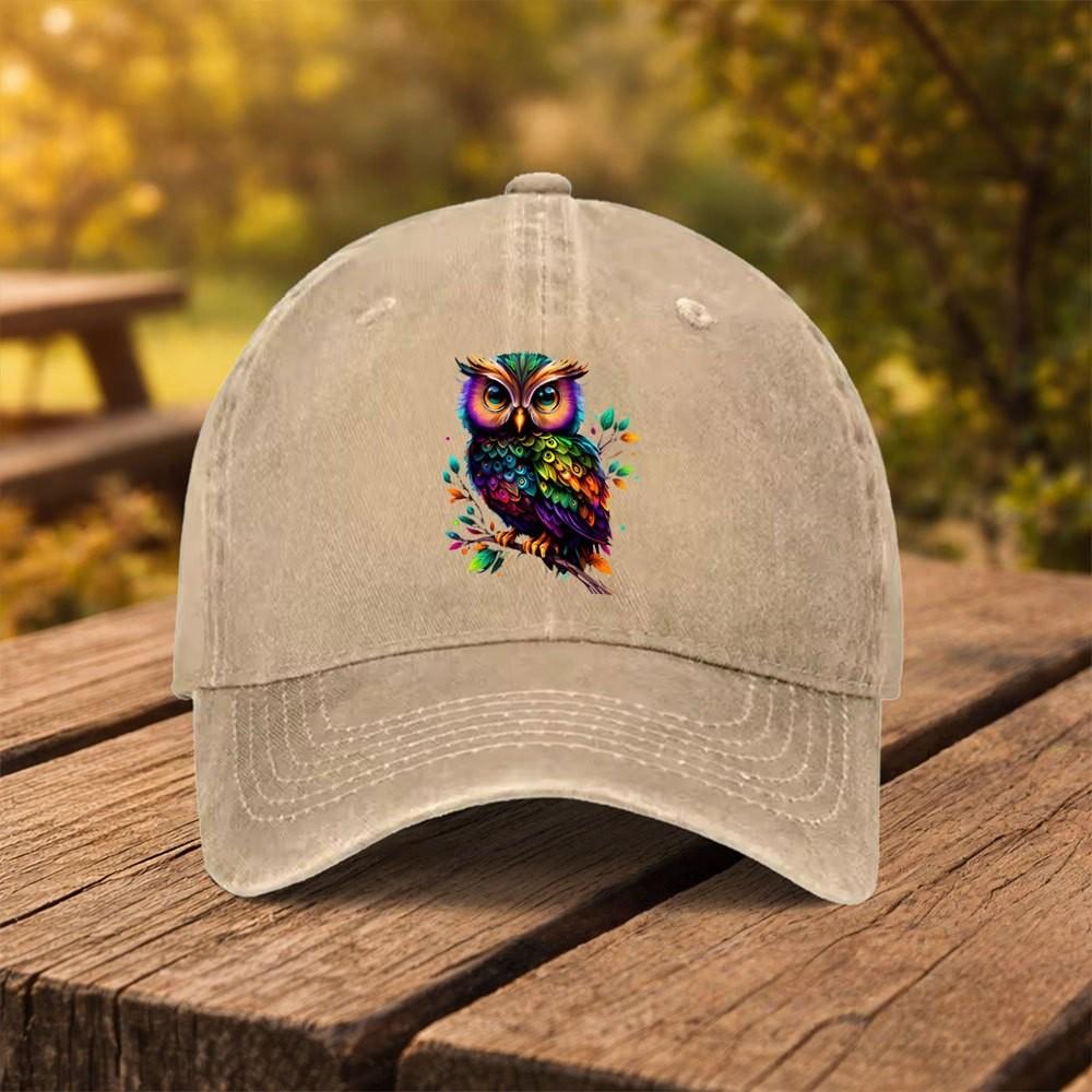 Colorful Owl Print Washed Denim Baseball Cap Adjustable Outdoor Street Casual Headwear