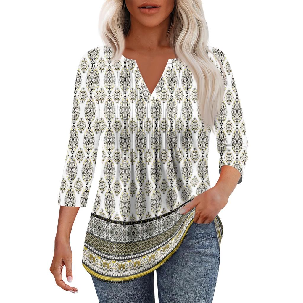 Modisches, lässiges T-Shirt mit plissiertem V-Ausschnitt und einfarbigen Siebenviertelärmeln für Damen