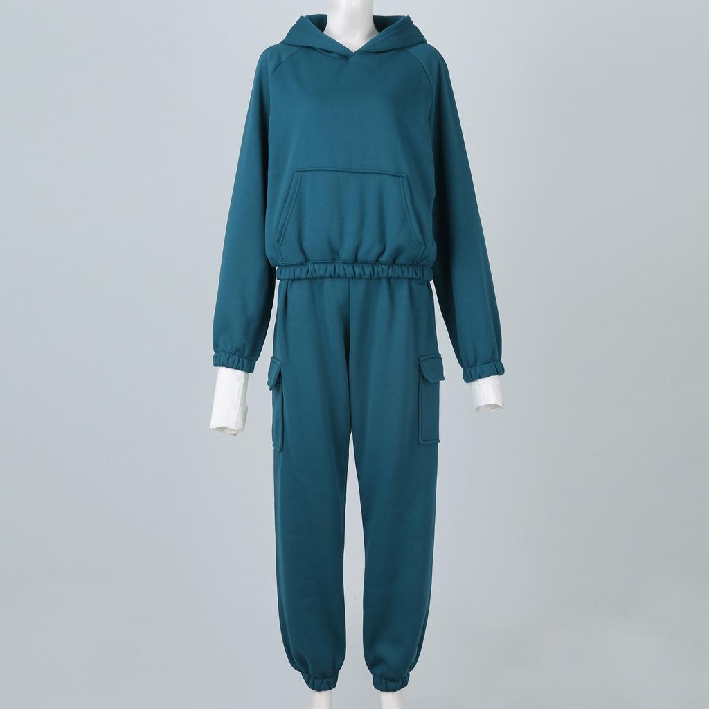 Women's Fashion Pullover Hooded Sports Casual Long Sleeve Solid Color Sweatshirt Set