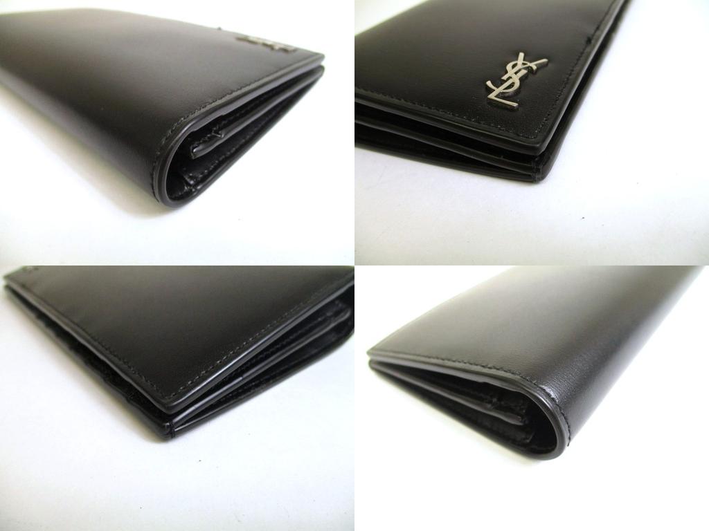 Authentic Saint Laurent Silver YSL Motif Black Leather Long Flap Wallet #a848  Open box