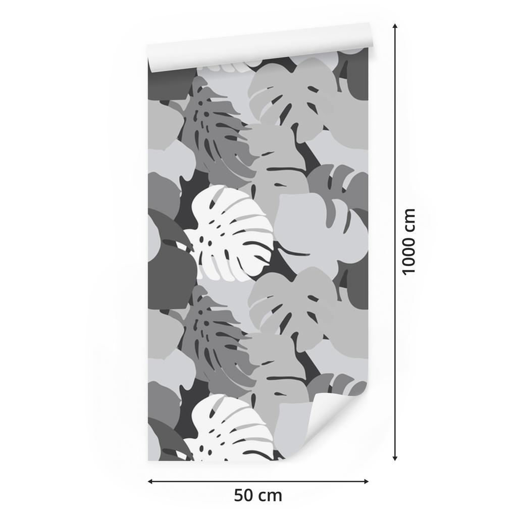 Tropical Leaves Wallpaper in Shades of Gray for Living Room and Bedroom 50x1000