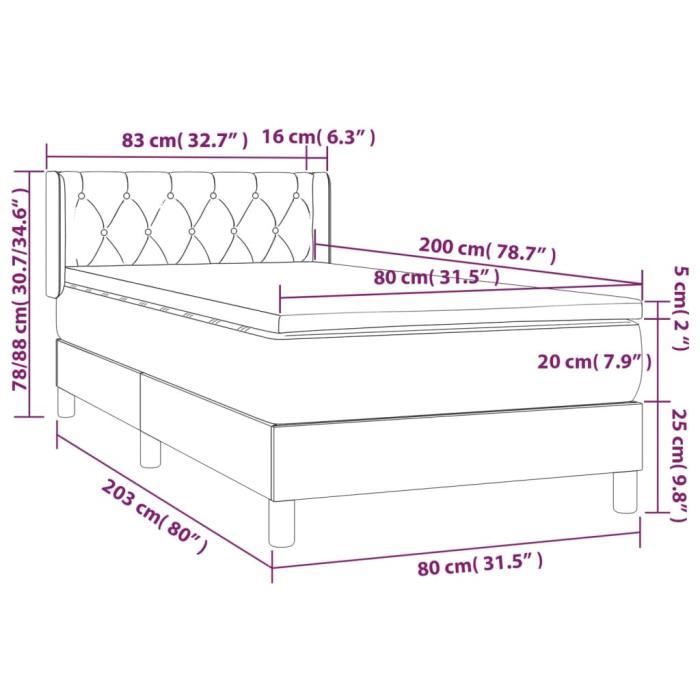 3129908 vidaXL Lit à sommier tapissier avec matelas Marron foncé 80x200 cm