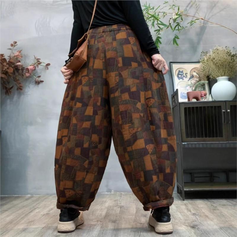 Johnature Pantalones harén con estampado de estilo vintage para mujer, pantalón holgado, informal, con cintura elástica, estilo chino, moda de invierno