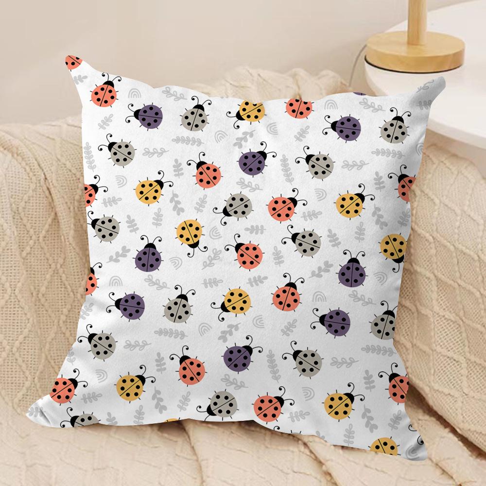 Cute Ladybug Wildflower Pattern Cushion Cover Silky Short Plush Invisible Zipper Dustproof Sofa Pillow Case for Home Decor
