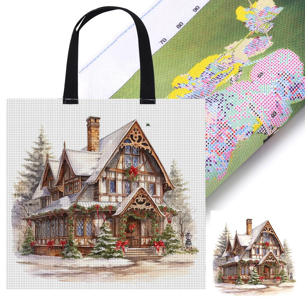 11CT Christmas House Cross Stitch Canvas Tote Bag Hand Needlepoint Kit Bag Cross Stitch Kit Canvas Bag Gift for Friends