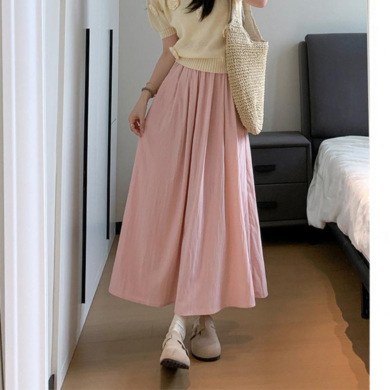 Pink Skirt for Women In Summer Thin High Waist Slim A-line Skirt Umbrella Skirt Mid-length Small Ice Silk Skirt
