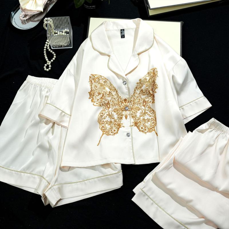 Loose Printed Short Three-piece Ice Silk Pajamas Women's Short-sleeved Suit Women's Summer Thin Soft Pajamas Set