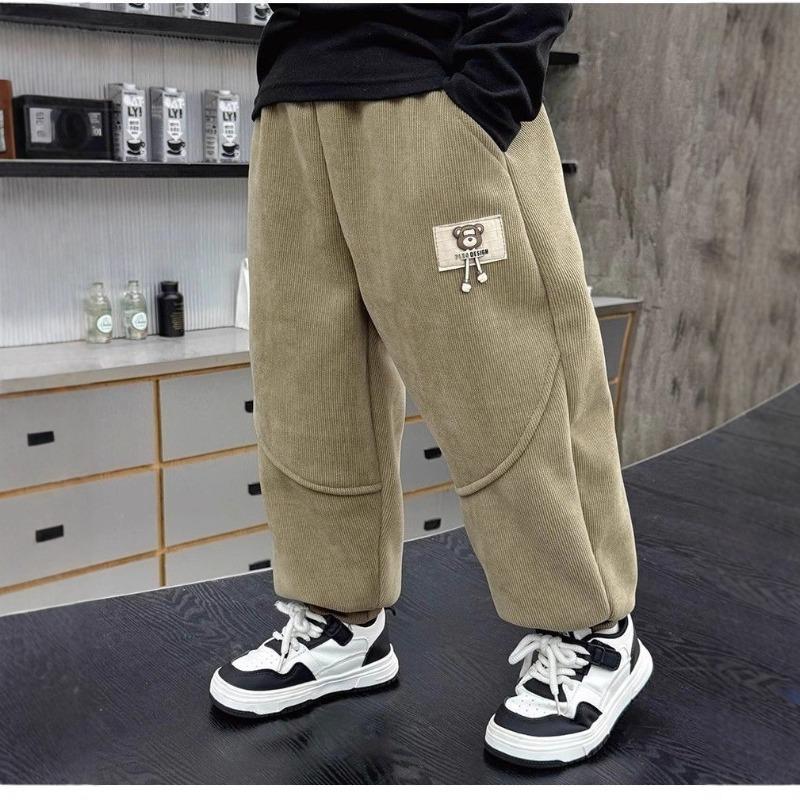 Boys' Winter Long Pants, Corduroy Style for Autumn and Winter, Warm and Fashionable Fleece-Lined Trousers with Cartoon Designs, for Outdoor, Thick
