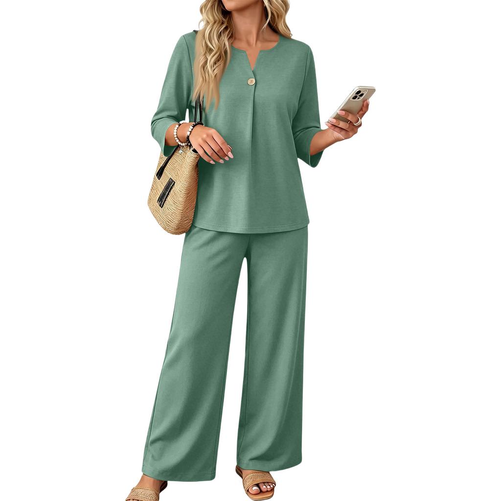 Women's Casual Two-Piece Outfit Set Color 3/4 Sleeve Button Front Top with Wide Leg Pants for Everyday Wear
