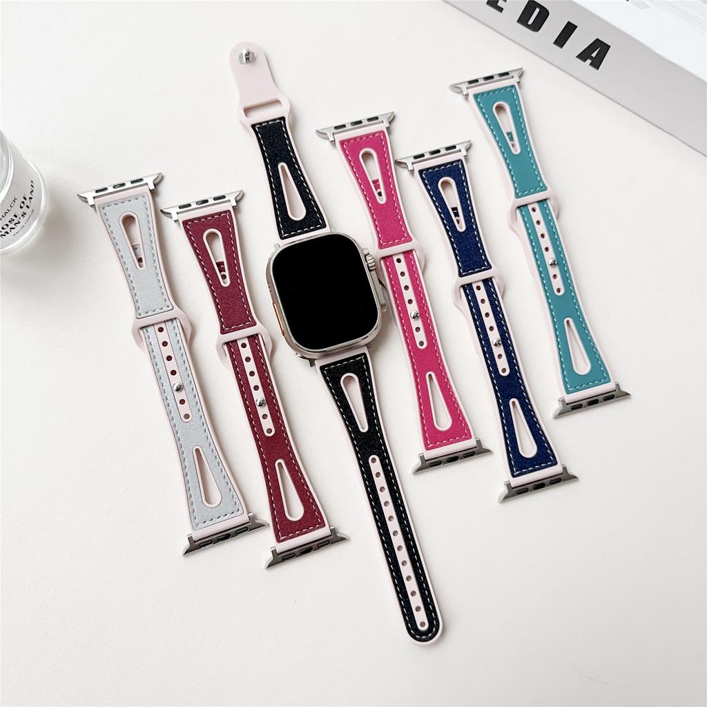 For Apple Watch Series 10 42mm/9 8 7 41mm/SE (2023) SE (2022) SE 6 5 4 40mm/3 2 1 38mm PU Leather+Silicone Watch Band