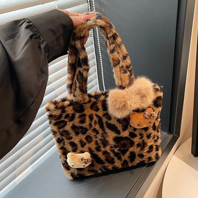 Autumn and Winter Cool Style Plush Leopard Pattern Handbag Cute Fluffy Cute Retro Outing Handbag