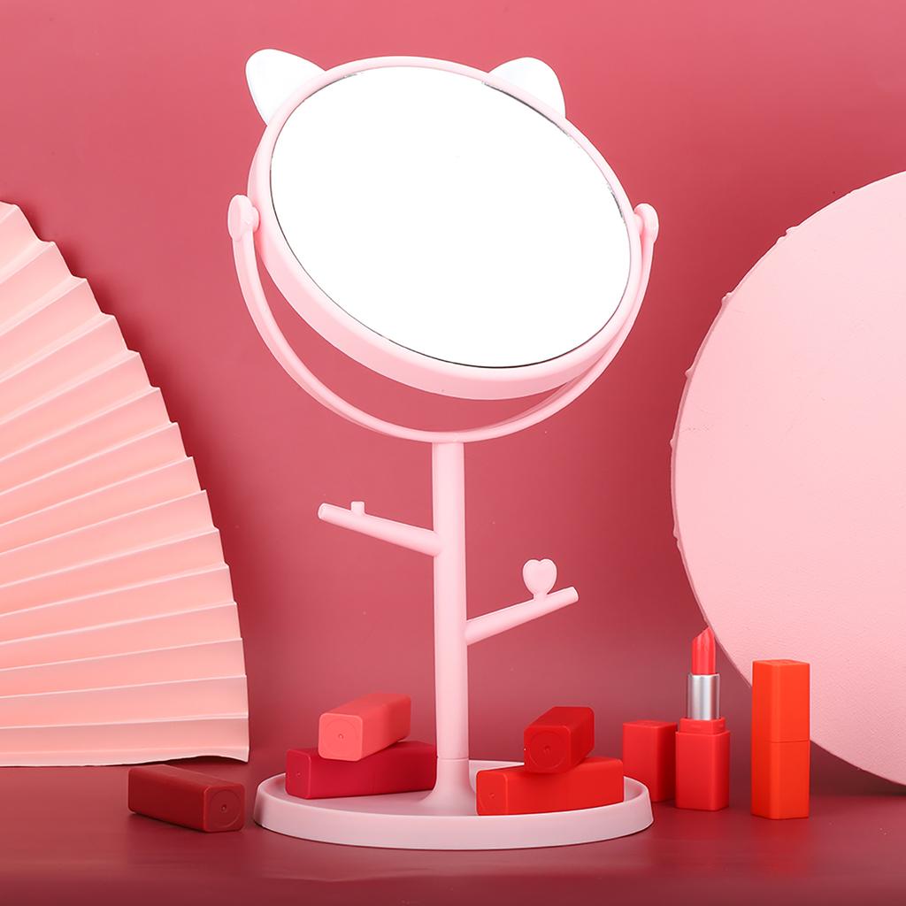Modischer Süßer Desktop-Schminkspiegel Haushalt Drehbarer Kosmetikspiegel mit Ablage Katzenohr Rosa