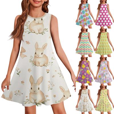 Girls Fashion Casual Sleeveless Round Neck Easter Printed Dress