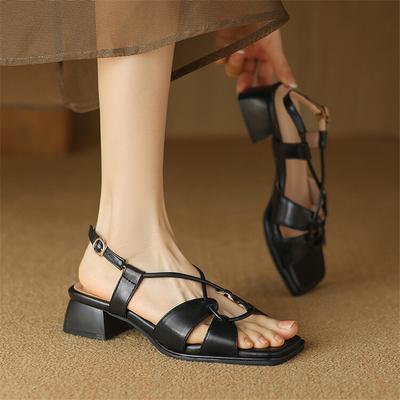 Moda Nuevas Sandalias de Verano Sandalias de Punta Cuadrada para Mujer Sandalias de Tacón Grueso Zapatos Gladiadores Concisos Moda Tira Estrecha Zapatos para Mujer