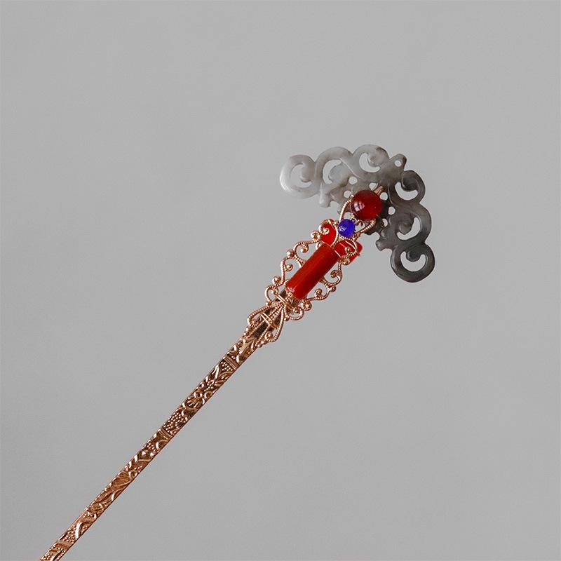 Ming-Style Auspicious Cloud Hairpin with Faux Jade Tassel and Pearls - Hanfu Hair Accessory