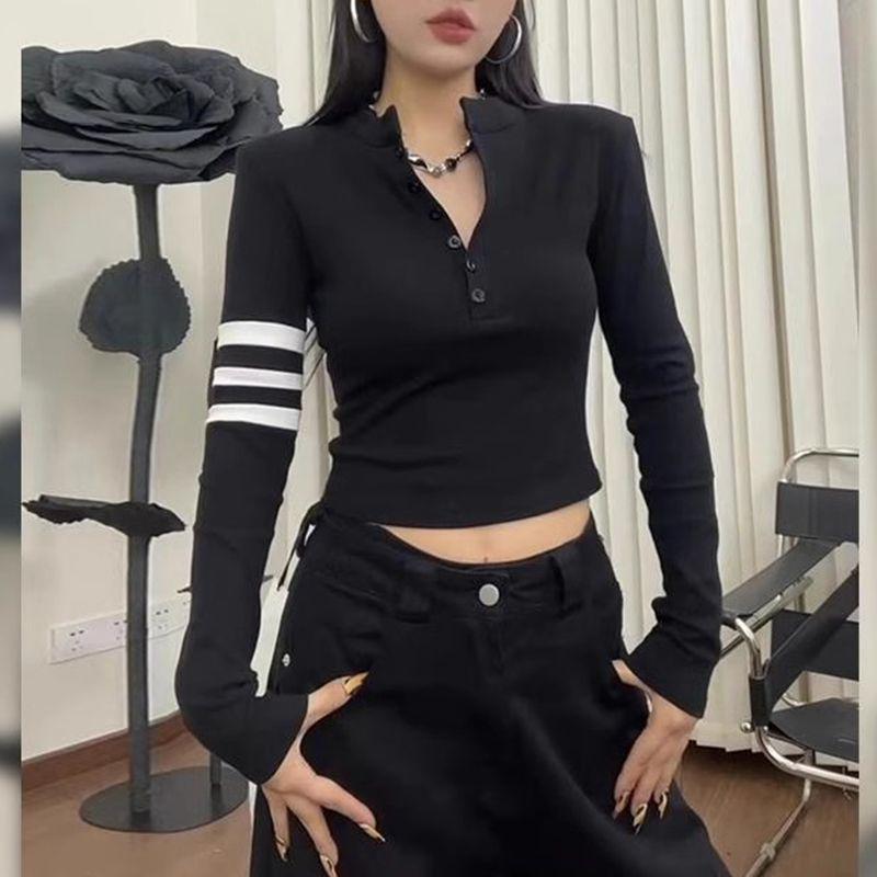 Plus Size Retro Color Block Striped Single-Breasted Long Sleeve Women s Slim Fit Top 2XL чёрный