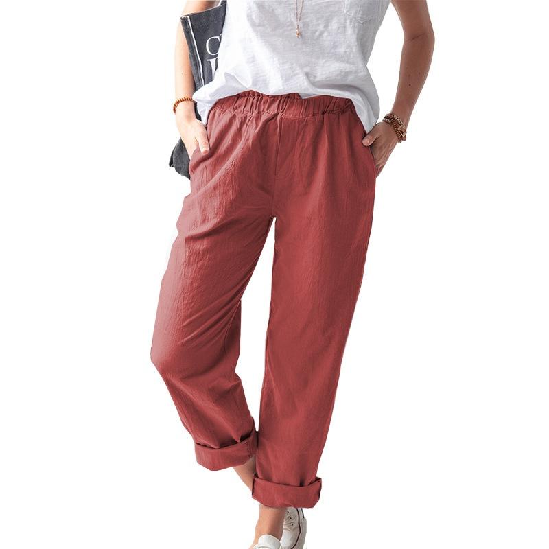 Women New Summer Cotton Linen Pants Solid Color Casual Stretch High-waist Straight-leg Pants