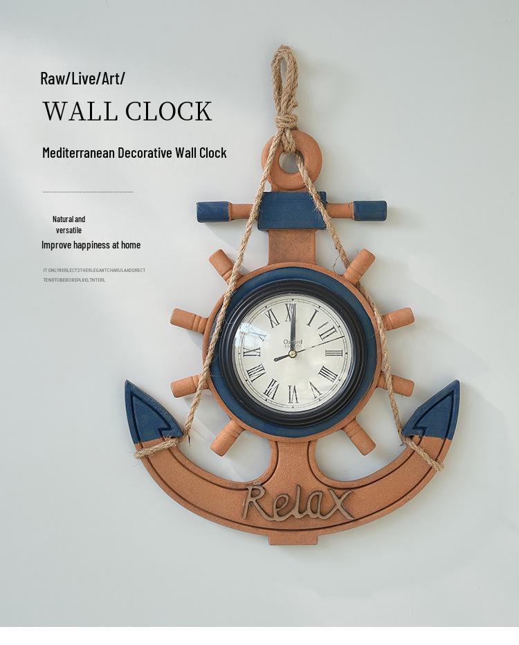 Vintage Mediterranean Ship Wheel Wall Clock - Distressed Wooden Decor for Living Room or Bar