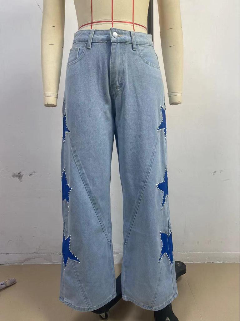 Women's Star-Patterned Loose Straight-Leg Jeans - New European & American Style