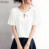 ZANZEA Women Casual V-Neck Solid Color Loose Pleated Short Sleeve Blouse