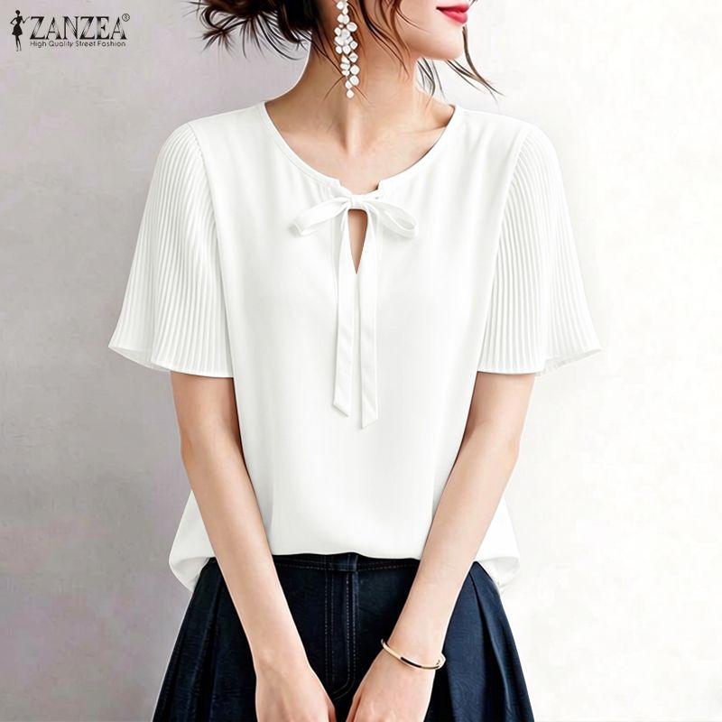 ZANZEA Women Casual V-Neck Solid Color Loose Pleated Short Sleeve Blouse