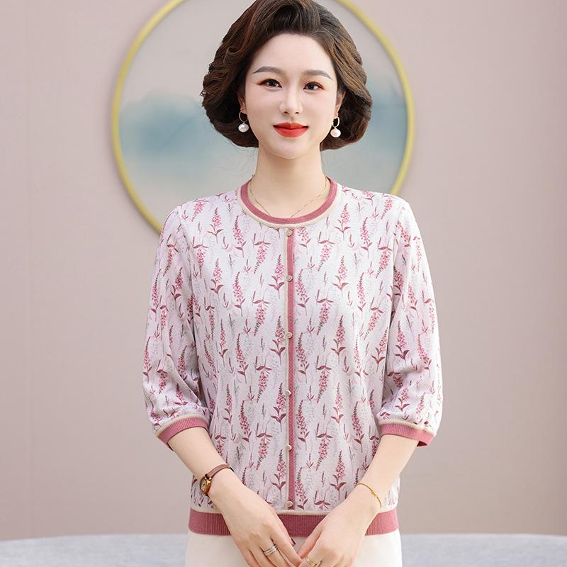 Elegant Ice Silk T-Shirt: Spring/Summer Loose-Fit for Middle-Aged Women - 3/4 Sleeves, Age-Reducing Design