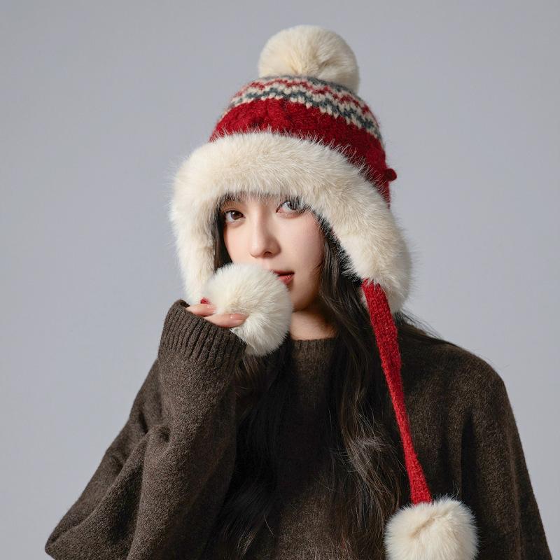 Fair Island contrasting color knitted wool hat women's season versatile big head circumference showing face small ear protection warm pullover hat