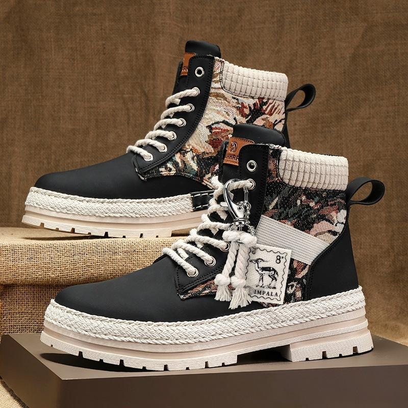 Leather Martin Boots Men's Autumn High-top Men's Boots Autumn and Winter Velvet Tooling Trendy Boots Men's Straw Bottom