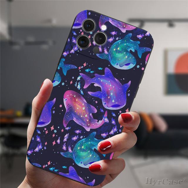 For Iphone 13 11 12 14 Pro Max X Xs Xr Mini 6s 7 8 Plus Xsmax Black Case Cosmic Whale Shark Animal Art Silicone Protective Cover