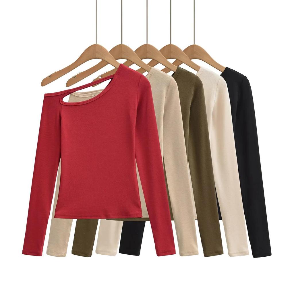 American Spicy Girl One-Shoulder Cutout Long-Sleeve T-Shirt: Slimming, Waist-Cinched, Irregular Cropped Top