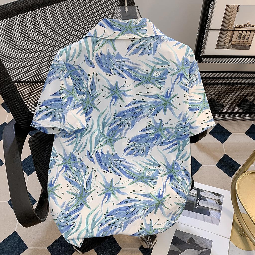 Strapping Rural Plant Floral Print Cuban Collar Short Sleeve Printed Shirt Men's Hawaiian Japanese-Style Retro Hong Kong Style Casual Top
