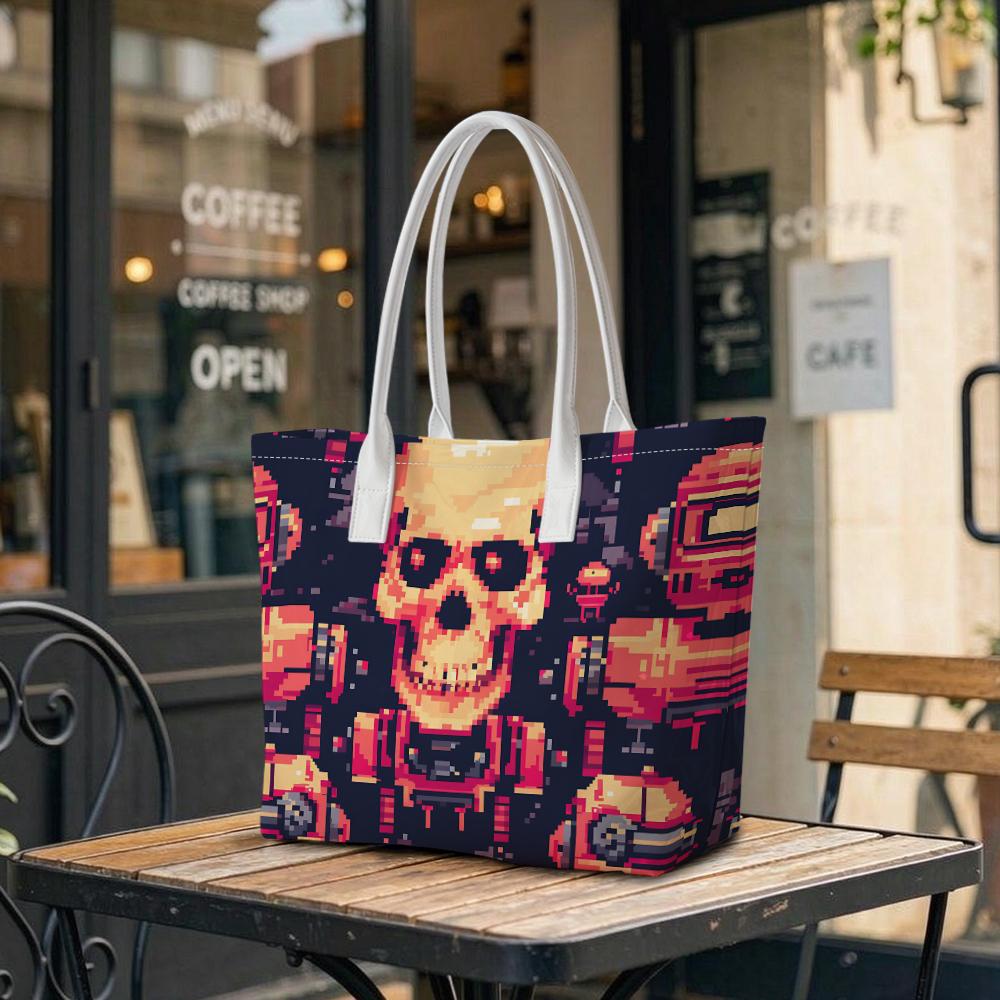 Pixel Skull Pattern Tote Bag Large Capacity Portable Daily Shoulder Purse for Streetwear