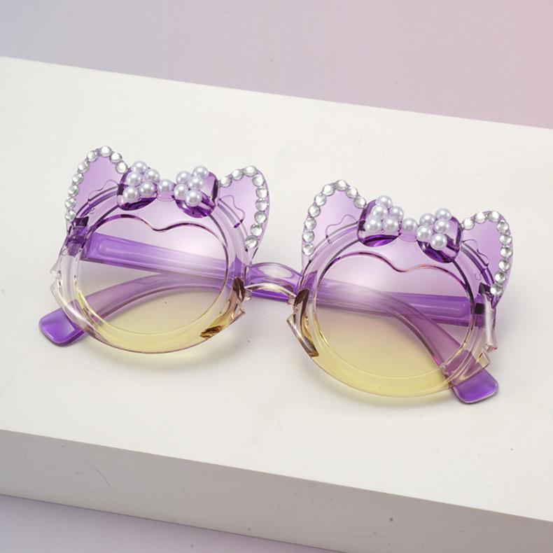 Cute Funny Cat Ear Bow Kids Sunglasses Pearl Rhinestone UV Protection Toddler Girl Gradient Lens Shades Birthday Gift KJ245