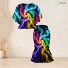 Women Plus Size Two Piece Set Round Neck Batwing Sleeve Ruffle Hem Top Black Gold Printed Fishtail Skirt